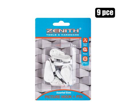 Picture-hook+pin wht 9pce asstd zenith