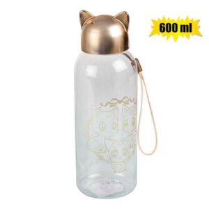 Water bottle 600ml gold lid kitty ears