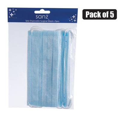 Face mask adult disposable 5pc blue