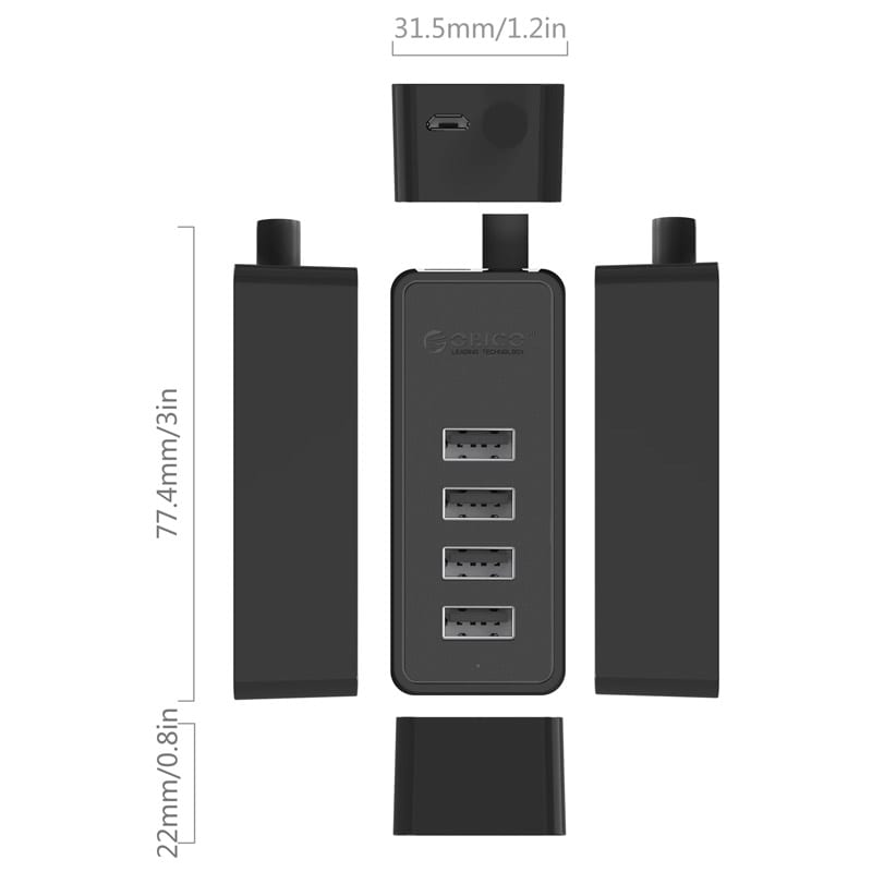 ORICO 4 Port USB2.0 Hub Black|Micro USB Power Adapter Not Included - Black - Image 3